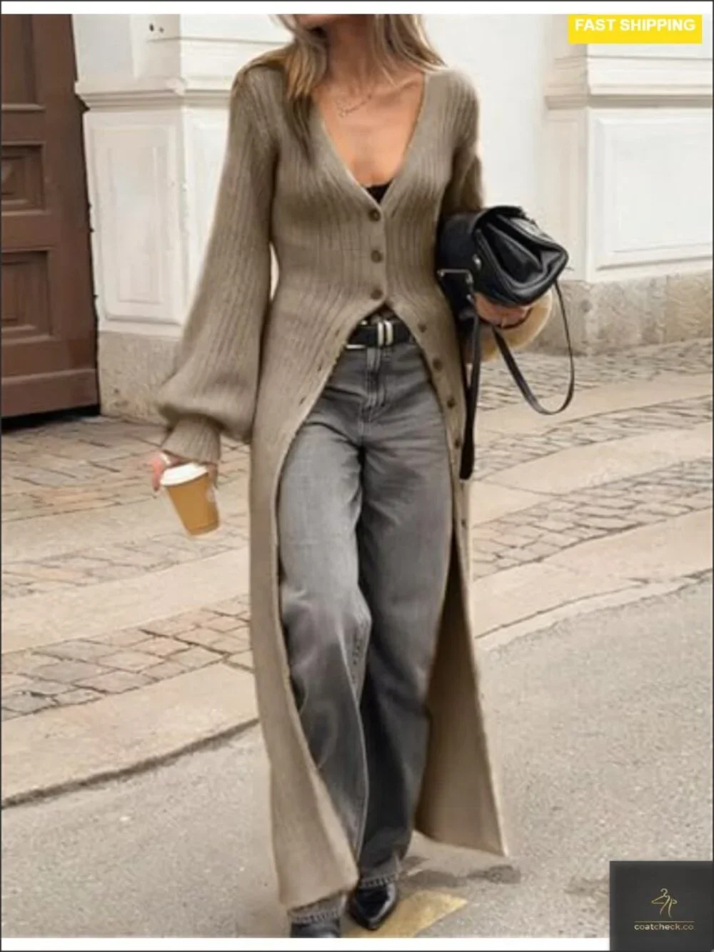 V-Neck Button Down Long Cardigan Chunky Knit Maxi Coat Sweater Dress